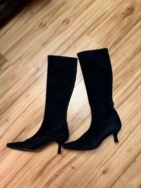 Stuart Weitzman Black Suede Pointed-Toe Knee-High Boots